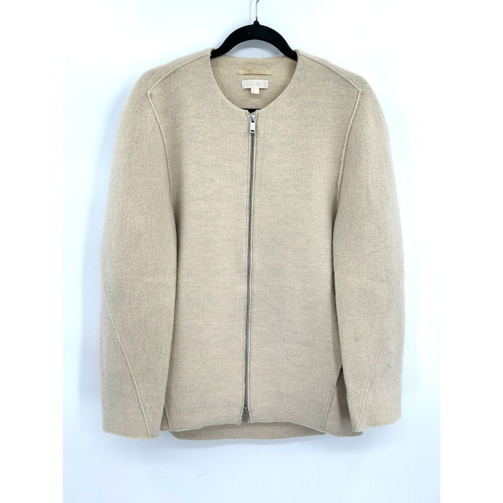 COS Cream Beige 100% Boiled Wool Collarless Full Zip Seamed Cocoon Jacket Size 6